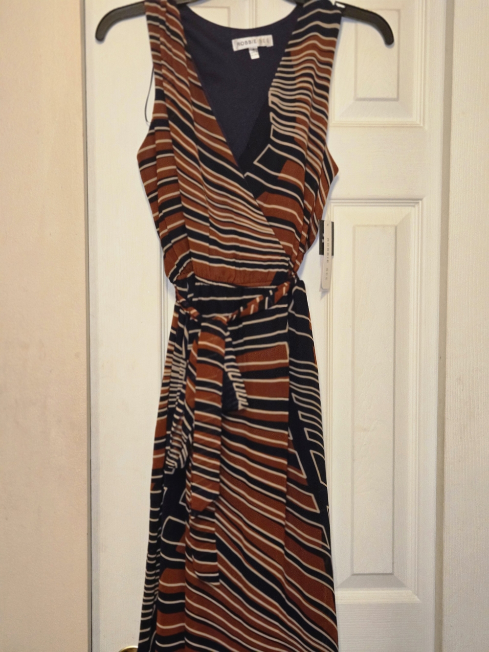 Robbie Bee Navy, Rust & Cream Striped Wrap Dress